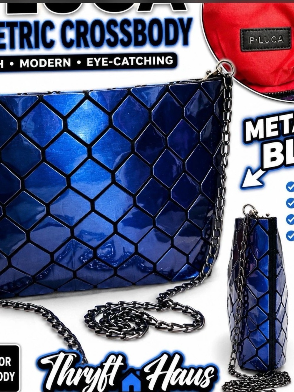 Patrizia Luca Metallic Blue Geometric Crossbody with Gunmetal Chain